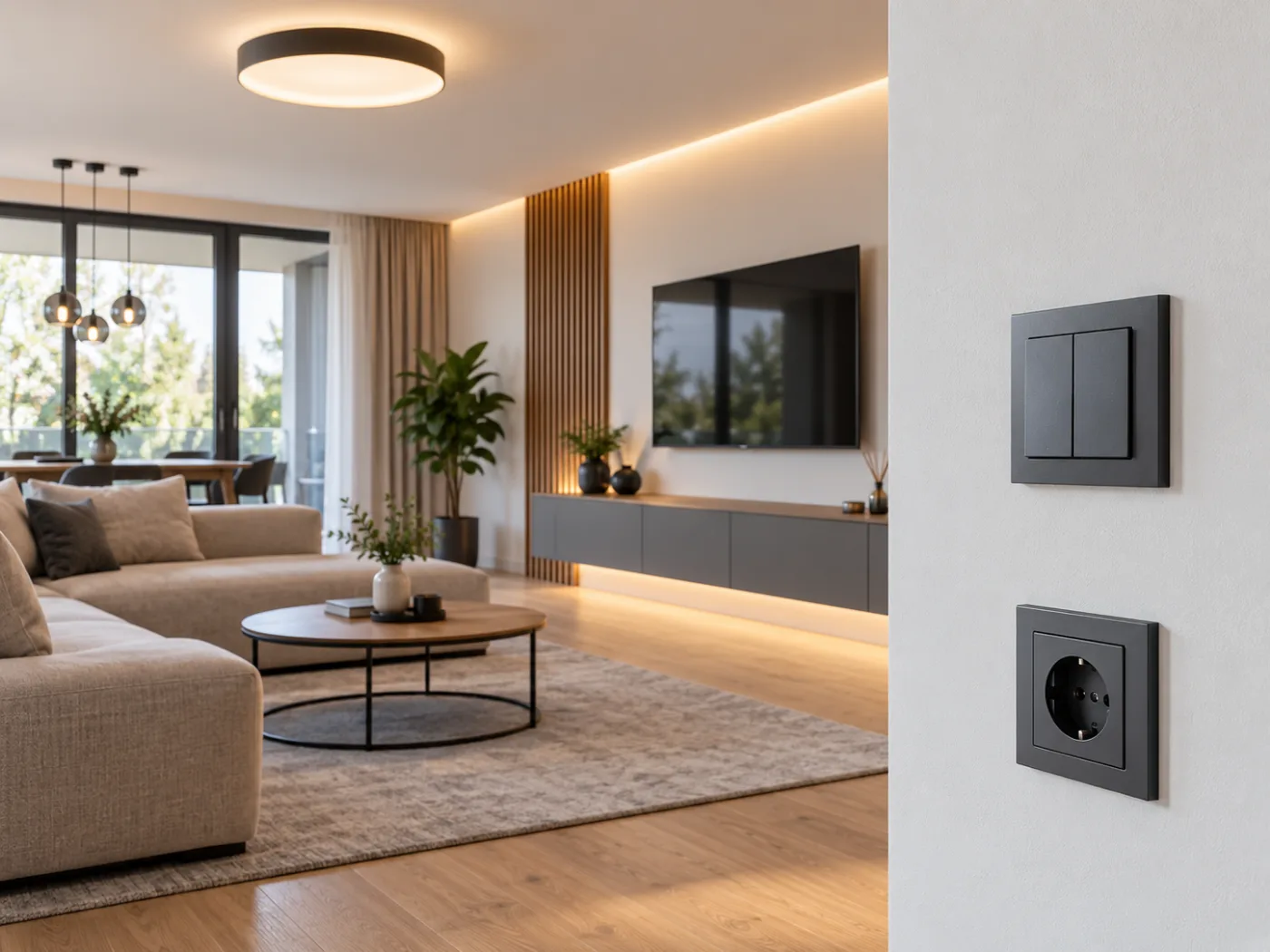 Moderní obývací pokoj s designovým vypínačem a zásuvkou